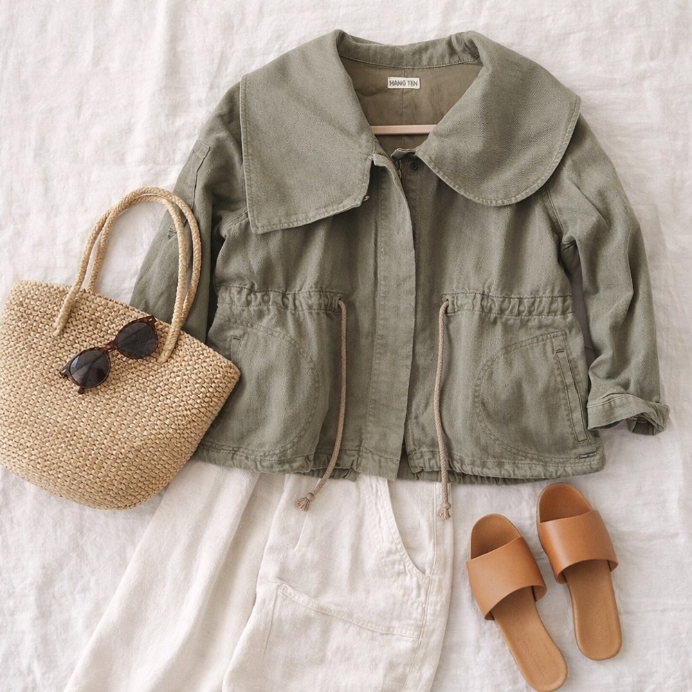 Hang Ten Olive Utility Jacket M Cropped Safari Coastal Grandma Minimalist Boho